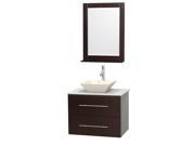 Wyndham Collection Centra 30 inch Single Bathroom Vanity in Espresso White Man Made Stone Countertop Pyra Bone Porcelain Sink and 24 inch Mirror