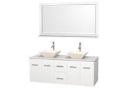 Wyndham Collection Centra 60 inch Double Bathroom Vanity in Matte White White Man Made Stone Countertop Pyra Bone Porcelain Sinks and 58 inch Mirror