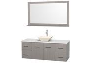 Wyndham Collection Centra 60 inch Single Bathroom Vanity in Gray Oak White Man Made Stone Countertop Pyra Bone Porcelain Sink and 58 inch Mirror