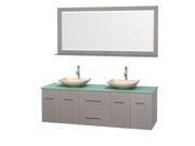 Wyndham Collection Centra 72 inch Double Bathroom Vanity in Gray Oak Green Glass Countertop Arista Ivory Marble Sinks and 70 inch Mirror