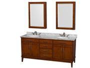 Wyndham Collection Hatton 72 inch Double Bathroom Vanity in Light Chestnut White Carrera Marble Countertop Undermount Oval Sinks and Medicine Cabinets