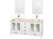 Wyndham Collection Lucy 72 inch Double Bathroom Vanity in White Ivory Marble Countertop Pyra Bone Porcelain Sinks and 24 inch Mirrors
