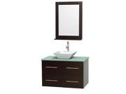 Wyndham Collection Centra 36 inch Single Bathroom Vanity in Espresso Green Glass Countertop Pyra White Porcelain Sink and 24 inch Mirror