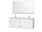 Wyndham Collection Centra 60 inch Double Bathroom Vanity in Matte White White Carrera Marble Countertop Square Porcelain Undermount Sinks and 58 inch Mirr