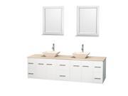 Wyndham Collection Centra 80 inch Double Bathroom Vanity in Matte White Ivory Marble Countertop Pyra Bone Porcelain Sinks and 24 inch Mirrors