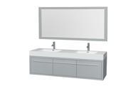 Wyndham Collection Axa 72 inch Double Bathroom Vanity in Dove Gray Acrylic Resin Countertop Integrated Sinks and 70 inch Mirror