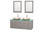 Wyndham Collection Centra 60 inch Double Bathroom Vanity in Gray Oak Green Glass Countertop Arista Ivory Marble Sinks and 24 inch Mirrors