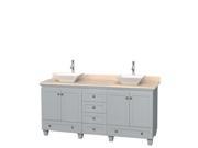 Wyndham Collection Acclaim 72 inch Double Bathroom Vanity in Oyster Gray Ivory Marble Countertop Pyra White Porcelain Sinks and No Mirrors