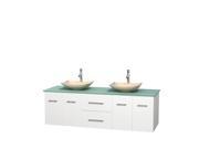 Wyndham Collection Centra 72 inch Double Bathroom Vanity in Matte White Green Glass Countertop Arista Ivory Marble Sinks and No Mirror