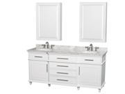 Wyndham Collection Berkeley 72 inch Double Bathroom Vanity in White White Carrera Marble Countertop Undermount Round Sinks 24 inch Medicine Cabinets