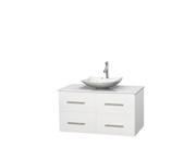 Wyndham Collection Centra 42 inch Single Bathroom Vanity in Matte White White Man Made Stone Countertop Arista White Carrera Marble Sink and No Mirror