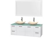 Wyndham Collection Amare 60 inch Double Bathroom Vanity in Glossy White Green Glass Countertop Arista Ivory Marble Sinks and 58 inch Mirror