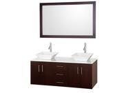 Wyndham Collection Arrano 55 inch Double Bathroom Vanity in Espresso White Man Made Stone Countertop Pyra White Porcelain Sinks and 52 inch Mirror