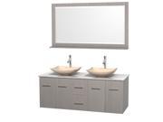 Wyndham Collection Centra 60 inch Double Bathroom Vanity in Gray Oak White Carrera Marble Countertop Arista Ivory Marble Sinks and 58 inch Mirror