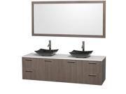Wyndham Collection Amare 72 inch Double Bathroom Vanity in Gray Oak White Man Made Stone Countertop Arista Black Granite Sinks and 70 inch Mirror