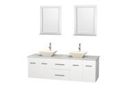 Wyndham Collection Centra 72 inch Double Bathroom Vanity in Matte White White Man Made Stone Countertop Pyra Bone Porcelain Sinks and 24 inch Mirrors