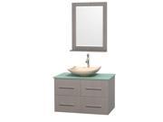 Wyndham Collection Centra 36 inch Single Bathroom Vanity in Gray Oak Green Glass Countertop Arista Ivory Marble Sink and 24 inch Mirror