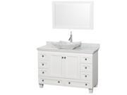 Wyndham Collection Acclaim 48 inch Single Bathroom Vanity in White White Carrera Marble Countertop Avalon White Carrera Marble Sink and 24 inch Mirror