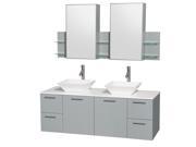 Wyndham Collection Amare 60 inch Double Bathroom Vanity in Dove Gray White Man Made Stone Countertop Pyra White Porcelain Sinks and Medicine Cabinet