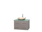 Wyndham Collection Centra 36 inch Single Bathroom Vanity in Gray Oak Green Glass Countertop Arista Ivory Marble Sink and No Mirror
