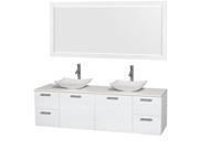 Wyndham Collection Amare 72 inch Double Bathroom Vanity in Glossy White White Man Made Stone Countertop Arista White Carrera Marble Sinks and 70 inch Mirr