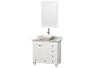 Wyndham Collection Acclaim 36 inch Single Bathroom Vanity in White White Carrera Marble Countertop Pyra Bone Porcelain Sink and 24 inch Mirror