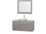 Wyndham Collection Centra 48 inch Single Bathroom Vanity in Gray Oak Green Glass Countertop Pyra Bone Porcelain Sink and 36 inch Mirror