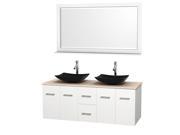 Wyndham Collection Centra 60 inch Double Bathroom Vanity in Matte White Ivory Marble Countertop Arista Black Granite Sinks and 58 inch Mirror