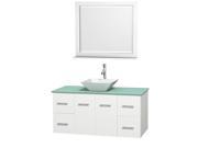 Wyndham Collection Centra 48 inch Single Bathroom Vanity in Matte White Green Glass Countertop Pyra White Porcelain Sink and 36 inch Mirror