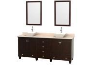 Wyndham Collection Acclaim 80 inch Double Bathroom Vanity in Espresso Ivory Marble Countertop Pyra Bone Porcelain Sinks and 24 inch Mirrors