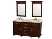 Wyndham Collection Berkeley 60 inch Double Bathroom Vanity in Dark Chestnut with Ivory Marble Top with White Undermount Oval Sinks and 24 inch Mirrors