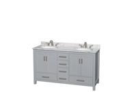 Wyndham Collection Sheffield 60 inch Double Bathroom Vanity in Gray White Carrera Marble Countertop Undermount Oval Sinks and No Mirror