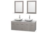 Wyndham Collection Centra 60 inch Double Bathroom Vanity in Gray Oak White Man Made Stone Countertop Arista White Carrera Marble Sinks and 24 inch Mirrors