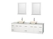 Wyndham Collection Centra 80 inch Double Bathroom Vanity in Matte White White Carrera Marble Countertop Pyra Bone Porcelain Sinks and 24 inch Mirrors