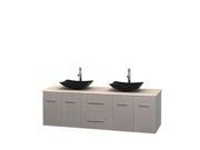 Wyndham Collection Centra 72 inch Double Bathroom Vanity in Gray Oak Ivory Marble Countertop Arista Black Granite Sinks and No Mirror