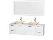 Wyndham Collection Amare 72 inch Double Bathroom Vanity in Glossy White White Man Made Stone Countertop Avalon Ivory Marble Sinks and 70 inch Mirror
