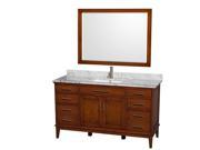 Wyndham Collection Hatton 60 inch Single Bathroom Vanity in Light Chestnut White Carrera Marble Countertop Undermount Square Sink and 44 inch Mirror