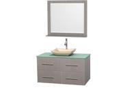 Wyndham Collection Centra 42 inch Single Bathroom Vanity in Gray Oak Green Glass Countertop Avalon Ivory Marble Sink and 36 inch Mirror