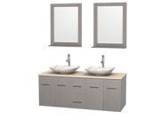 Wyndham Collection Centra 60 inch Double Bathroom Vanity in Gray Oak Ivory Marble Countertop Arista White Carrera Marble Sinks and 24 inch Mirrors
