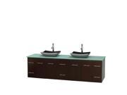 Wyndham Collection Centra 80 inch Double Bathroom Vanity in Espresso Green Glass Countertop Altair Black Granite Sinks and No Mirror