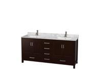 Wyndham Collection Sheffield 72 inch Double Bathroom Vanity in Espresso White Carrera Marble Countertop Undermount Square Sinks and No Mirror