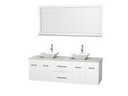 Wyndham Collection Centra 72 inch Double Bathroom Vanity in Matte White White Man Made Stone Countertop Pyra White Porcelain Sinks and 70 inch Mirror