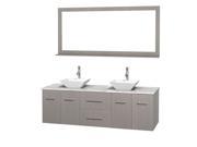 Wyndham Collection Centra 72 inch Double Bathroom Vanity in Gray Oak White Carrera Marble Countertop Pyra White Porcelain Sinks and 70 inch Mirror
