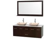 Wyndham Collection Centra 60 inch Double Bathroom Vanity in Espresso White Man Made Stone Countertop Avalon Ivory Marble Sinks and 58 inch Mirror