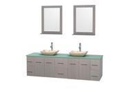Wyndham Collection Centra 80 inch Double Bathroom Vanity in Gray Oak Green Glass Countertop Avalon Ivory Marble Sinks and 24 inch Mirrors