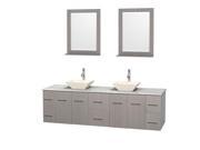 Wyndham Collection Centra 80 inch Double Bathroom Vanity in Gray Oak White Carrera Marble Countertop Pyra Bone Porcelain Sinks and 24 inch Mirrors