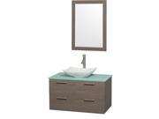 Wyndham Collection Amare 36 inch Single Bathroom Vanity in Gray Oak Green Glass Countertop Arista White Carrera Marble Sink and 24 inch Mirror