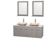 Wyndham Collection Centra 60 inch Double Bathroom Vanity in Gray Oak White Carrera Marble Countertop Avalon Ivory Marble Sinks and 24 inch Mirrors