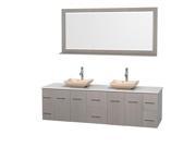 Wyndham Collection Centra 80 inch Double Bathroom Vanity in Gray Oak White Man Made Stone Countertop Avalon Ivory Marble Sinks and 70 inch Mirror