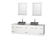Wyndham Collection Centra 80 inch Double Bathroom Vanity in Matte White White Carrera Marble Countertop Altair Black Granite Sinks and 24 inch Mirrors